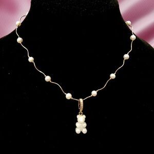 14 K GOLD AND FRESHWATER PEARLS NOSTALGIC GUMMY BEAR NECKLACE CUBIC ZIRCON